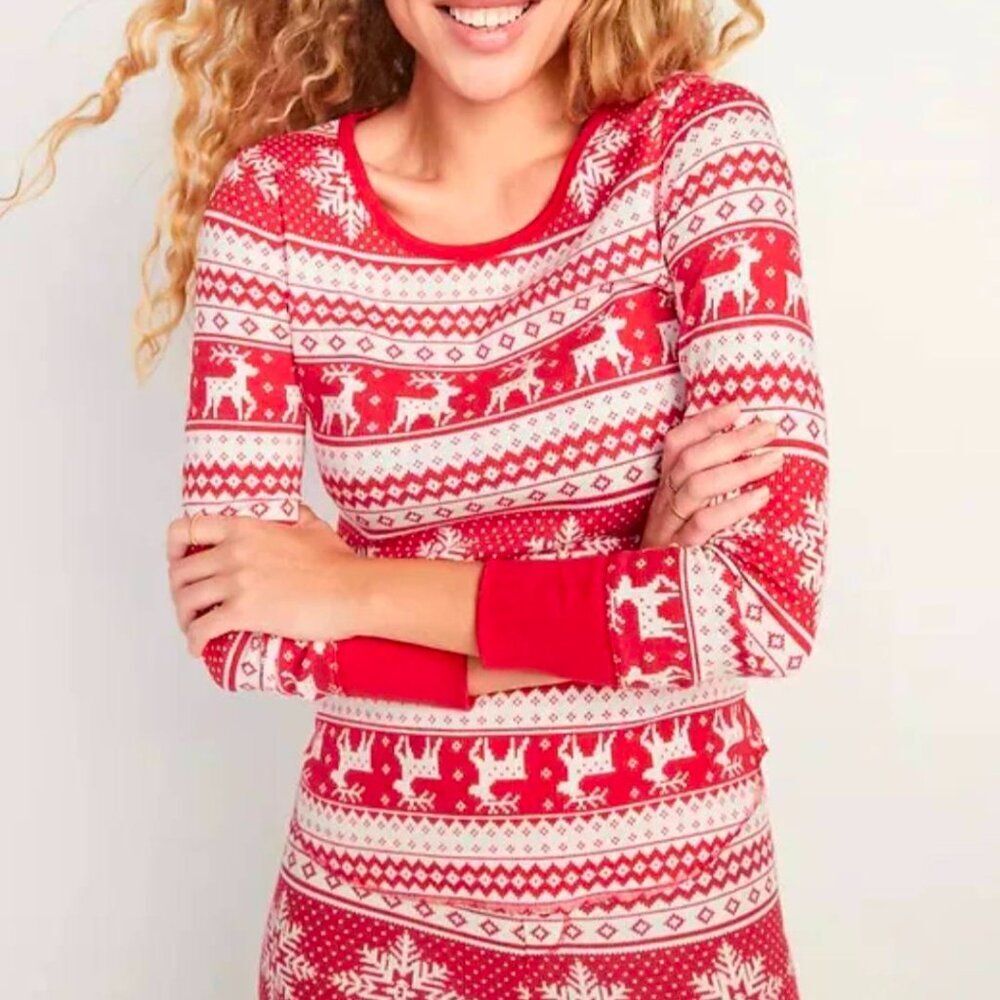 Old Navy Red Fair Isle Reindeer Thermal Knit Waffle Tee Shirt Top XL Tall